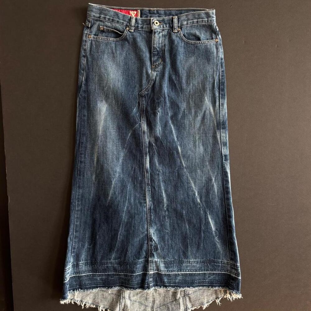 Vintage Y2K Guess Jeans Denim Maxi Low Rise Skirt Asymmetrical Hem - Size 29